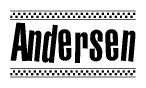 The image is a black and white clipart of the text Andersen in a bold, italicized font. The text is bordered by a dotted line on the top and bottom, and there are checkered flags positioned at both ends of the text, usually associated with racing or finishing lines.