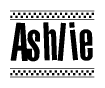 The image is a black and white clipart of the text Ashlie in a bold, italicized font. The text is bordered by a dotted line on the top and bottom, and there are checkered flags positioned at both ends of the text, usually associated with racing or finishing lines.