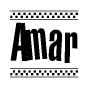 The image is a black and white clipart of the text Amar in a bold, italicized font. The text is bordered by a dotted line on the top and bottom, and there are checkered flags positioned at both ends of the text, usually associated with racing or finishing lines.
