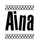 The image contains the text Aina in a bold, stylized font, with a checkered flag pattern bordering the top and bottom of the text.