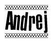 The image contains the text Andrej in a bold, stylized font, with a checkered flag pattern bordering the top and bottom of the text.