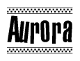 The image contains the text Aurora in a bold, stylized font, with a checkered flag pattern bordering the top and bottom of the text.