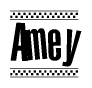 The image contains the text Amey in a bold, stylized font, with a checkered flag pattern bordering the top and bottom of the text.