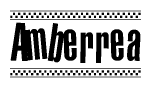 The image is a black and white clipart of the text Amberrea in a bold, italicized font. The text is bordered by a dotted line on the top and bottom, and there are checkered flags positioned at both ends of the text, usually associated with racing or finishing lines.