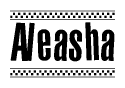 The clipart image displays the text Aleasha in a bold, stylized font. It is enclosed in a rectangular border with a checkerboard pattern running below and above the text, similar to a finish line in racing. 