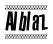 The image is a black and white clipart of the text Alblaz in a bold, italicized font. The text is bordered by a dotted line on the top and bottom, and there are checkered flags positioned at both ends of the text, usually associated with racing or finishing lines.