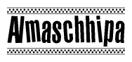 The image contains the text Almaschhipa in a bold, stylized font, with a checkered flag pattern bordering the top and bottom of the text.