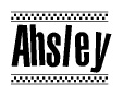 The image is a black and white clipart of the text Ahsley in a bold, italicized font. The text is bordered by a dotted line on the top and bottom, and there are checkered flags positioned at both ends of the text, usually associated with racing or finishing lines.
