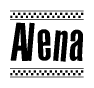 The image is a black and white clipart of the text Alena in a bold, italicized font. The text is bordered by a dotted line on the top and bottom, and there are checkered flags positioned at both ends of the text, usually associated with racing or finishing lines.