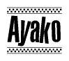 The image is a black and white clipart of the text Ayako in a bold, italicized font. The text is bordered by a dotted line on the top and bottom, and there are checkered flags positioned at both ends of the text, usually associated with racing or finishing lines.