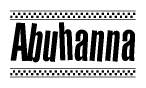 The image is a black and white clipart of the text Abuhanna in a bold, italicized font. The text is bordered by a dotted line on the top and bottom, and there are checkered flags positioned at both ends of the text, usually associated with racing or finishing lines.