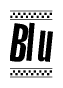 The image is a black and white clipart of the text Blu in a bold, italicized font. The text is bordered by a dotted line on the top and bottom, and there are checkered flags positioned at both ends of the text, usually associated with racing or finishing lines.