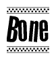 The image is a black and white clipart of the text Bone in a bold, italicized font. The text is bordered by a dotted line on the top and bottom, and there are checkered flags positioned at both ends of the text, usually associated with racing or finishing lines.