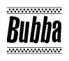 The image is a black and white clipart of the text Bubba in a bold, italicized font. The text is bordered by a dotted line on the top and bottom, and there are checkered flags positioned at both ends of the text, usually associated with racing or finishing lines.