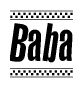 The image contains the text Baba in a bold, stylized font, with a checkered flag pattern bordering the top and bottom of the text.