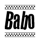 The image contains the text Babo in a bold, stylized font, with a checkered flag pattern bordering the top and bottom of the text.