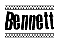 The image is a black and white clipart of the text Bennett in a bold, italicized font. The text is bordered by a dotted line on the top and bottom, and there are checkered flags positioned at both ends of the text, usually associated with racing or finishing lines.