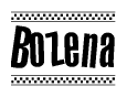 The image is a black and white clipart of the text Bozena in a bold, italicized font. The text is bordered by a dotted line on the top and bottom, and there are checkered flags positioned at both ends of the text, usually associated with racing or finishing lines.