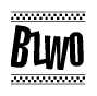 The image is a black and white clipart of the text Bzwo in a bold, italicized font. The text is bordered by a dotted line on the top and bottom, and there are checkered flags positioned at both ends of the text, usually associated with racing or finishing lines.