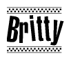 The image is a black and white clipart of the text Britty in a bold, italicized font. The text is bordered by a dotted line on the top and bottom, and there are checkered flags positioned at both ends of the text, usually associated with racing or finishing lines.