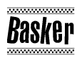 The image is a black and white clipart of the text Basker in a bold, italicized font. The text is bordered by a dotted line on the top and bottom, and there are checkered flags positioned at both ends of the text, usually associated with racing or finishing lines.