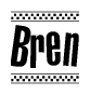 The image is a black and white clipart of the text Bren in a bold, italicized font. The text is bordered by a dotted line on the top and bottom, and there are checkered flags positioned at both ends of the text, usually associated with racing or finishing lines.
