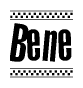 The image contains the text Bene in a bold, stylized font, with a checkered flag pattern bordering the top and bottom of the text.