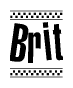 The image is a black and white clipart of the text Brit in a bold, italicized font. The text is bordered by a dotted line on the top and bottom, and there are checkered flags positioned at both ends of the text, usually associated with racing or finishing lines.
