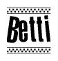 The image is a black and white clipart of the text Betti in a bold, italicized font. The text is bordered by a dotted line on the top and bottom, and there are checkered flags positioned at both ends of the text, usually associated with racing or finishing lines.