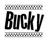 The image contains the text Bucky in a bold, stylized font, with a checkered flag pattern bordering the top and bottom of the text.