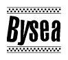 The image is a black and white clipart of the text Bysea in a bold, italicized font. The text is bordered by a dotted line on the top and bottom, and there are checkered flags positioned at both ends of the text, usually associated with racing or finishing lines.