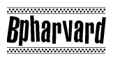 The image is a black and white clipart of the text Bpharvard in a bold, italicized font. The text is bordered by a dotted line on the top and bottom, and there are checkered flags positioned at both ends of the text, usually associated with racing or finishing lines.