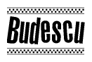 The image contains the text Budescu in a bold, stylized font, with a checkered flag pattern bordering the top and bottom of the text.