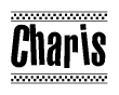 The image contains the text Charis in a bold, stylized font, with a checkered flag pattern bordering the top and bottom of the text.