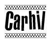 The image contains the text Carhil in a bold, stylized font, with a checkered flag pattern bordering the top and bottom of the text.