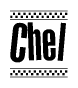 The clipart image displays the text Chel in a bold, stylized font. It is enclosed in a rectangular border with a checkerboard pattern running below and above the text, similar to a finish line in racing. 