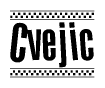 The image is a black and white clipart of the text Cvejic in a bold, italicized font. The text is bordered by a dotted line on the top and bottom, and there are checkered flags positioned at both ends of the text, usually associated with racing or finishing lines.