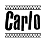 The image contains the text Carlo in a bold, stylized font, with a checkered flag pattern bordering the top and bottom of the text.
