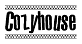 The image contains the text Cozyhouse in a bold, stylized font, with a checkered flag pattern bordering the top and bottom of the text.