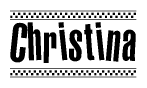 The image is a black and white clipart of the text Christina in a bold, italicized font. The text is bordered by a dotted line on the top and bottom, and there are checkered flags positioned at both ends of the text, usually associated with racing or finishing lines.