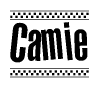 The image contains the text Camie in a bold, stylized font, with a checkered flag pattern bordering the top and bottom of the text.