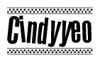 The image is a black and white clipart of the text Cindyyeo in a bold, italicized font. The text is bordered by a dotted line on the top and bottom, and there are checkered flags positioned at both ends of the text, usually associated with racing or finishing lines.