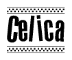 The image contains the text Celica in a bold, stylized font, with a checkered flag pattern bordering the top and bottom of the text.