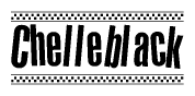 The image is a black and white clipart of the text Chelleblack in a bold, italicized font. The text is bordered by a dotted line on the top and bottom, and there are checkered flags positioned at both ends of the text, usually associated with racing or finishing lines.
