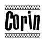 The clipart image displays the text Corin in a bold, stylized font. It is enclosed in a rectangular border with a checkerboard pattern running below and above the text, similar to a finish line in racing. 