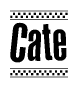 The image is a black and white clipart of the text Cate in a bold, italicized font. The text is bordered by a dotted line on the top and bottom, and there are checkered flags positioned at both ends of the text, usually associated with racing or finishing lines.