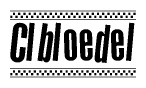 The image is a black and white clipart of the text Clbloedel in a bold, italicized font. The text is bordered by a dotted line on the top and bottom, and there are checkered flags positioned at both ends of the text, usually associated with racing or finishing lines.