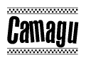 The image contains the text Camagu in a bold, stylized font, with a checkered flag pattern bordering the top and bottom of the text.