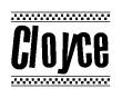 The image contains the text Cloyce in a bold, stylized font, with a checkered flag pattern bordering the top and bottom of the text.