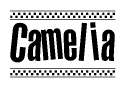The image is a black and white clipart of the text Camelia in a bold, italicized font. The text is bordered by a dotted line on the top and bottom, and there are checkered flags positioned at both ends of the text, usually associated with racing or finishing lines.